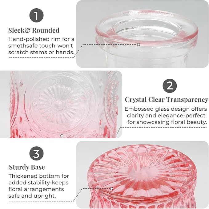BEAHOT 24 Pack Pink Flower Vase in Bulk,Mini Vintage Glass Bud Vases for Centerpieces,Wedding Decor,Party & Home Decaration,Mother's Day (Pink-Gradient)