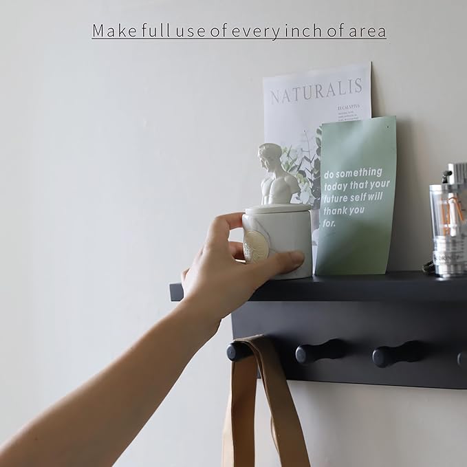 Entrance Coat Rack ，Coat Hooks, Wall-Mounted Wooden Hook Rack, Wall-Mounted Shelves are Very Suitable (Black Color Finish—A-2)