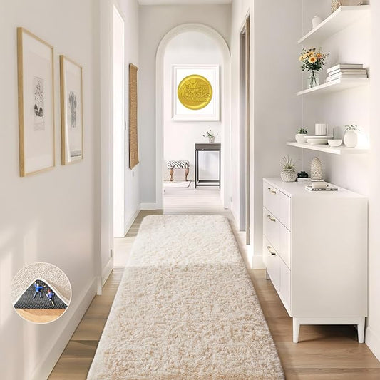 Ophanie Runner Rug for Hallway, 2x6 Upgrade Non-Slip Fluffy Soft Bedside Rugs, Bedroom Living Room Ivory Shaggy Carpet for Kids Girls Boys Dorm Nursery Home Decor Aesthetic