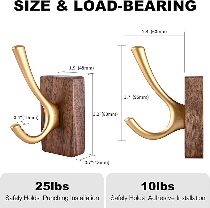 8 Pack Walnut Wood Wall Coat Hooks for Hanging, Adhesive Mounted & Wall Mount Heavy Duty Wooden Double Hook Hanger for Towel Backpack Hat Jacket Clothes Blanket Purse Robe Key Stain Gold Hook
