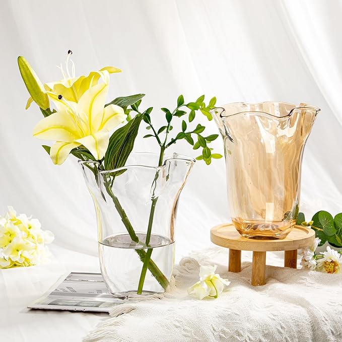 8 inch Amber Glass Vases Large Flower Vases for Centerpiece, Crystal Vases for Flowers Wide Mouth Vase for Home Office Living Room Shelf Wedding Decor (Ionic Light Amber)