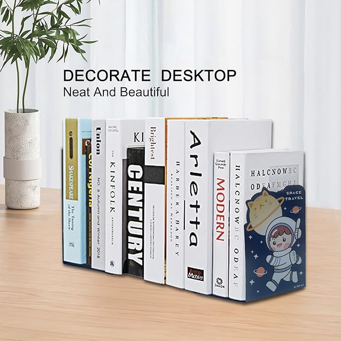 2 Pack Metal Bookends,Non-Slip Cartoon Boy Astronauts Book Stopper,5.3"x3.9"x8"Heavy Duty Premium Space-Themed Decorative Book End, Supports for Kids Children Shelves,School,Room,Office,Learning Gifts