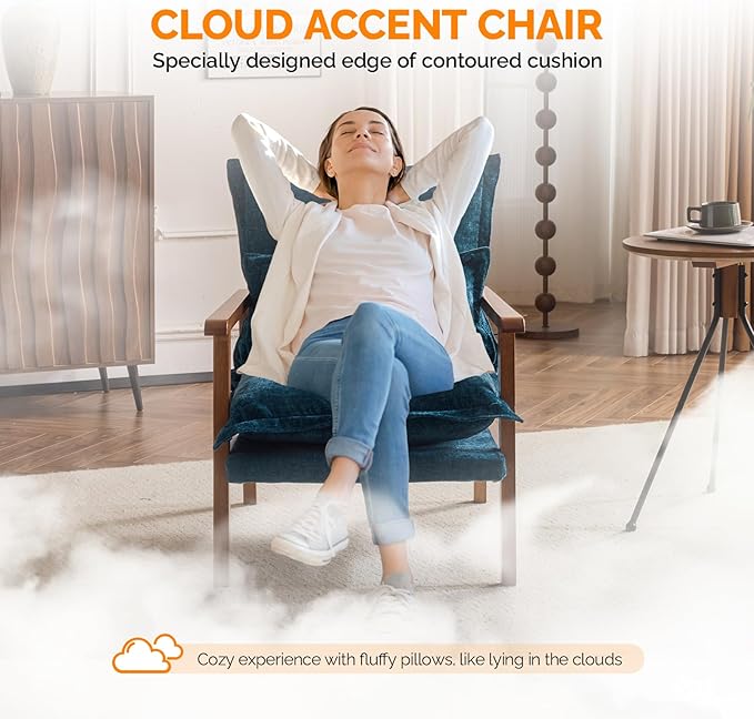 VINGLI Mid-Century Modern Cloud Accent Armchair with Lumbar Pillow, 6.3'' Thick Seat Cushion Comfortable Reading Chair with Wooden Armrests，Boho Lounge Chair for Bedroom, Living Room, Chenille, Teal
