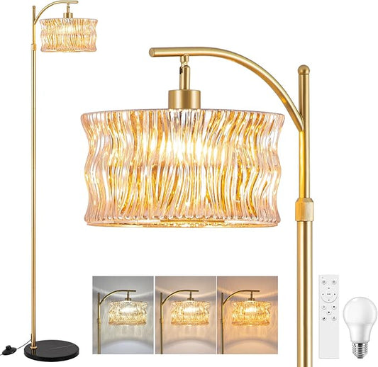 JERANDO Vintage Gold Floor Lamp for Living Room, Amber Glass Lampshade Modern Standing Lamp with Remote, Mid Century Dimmable Tall Lamp for Bedroom, Study Room (Bulb Included)
