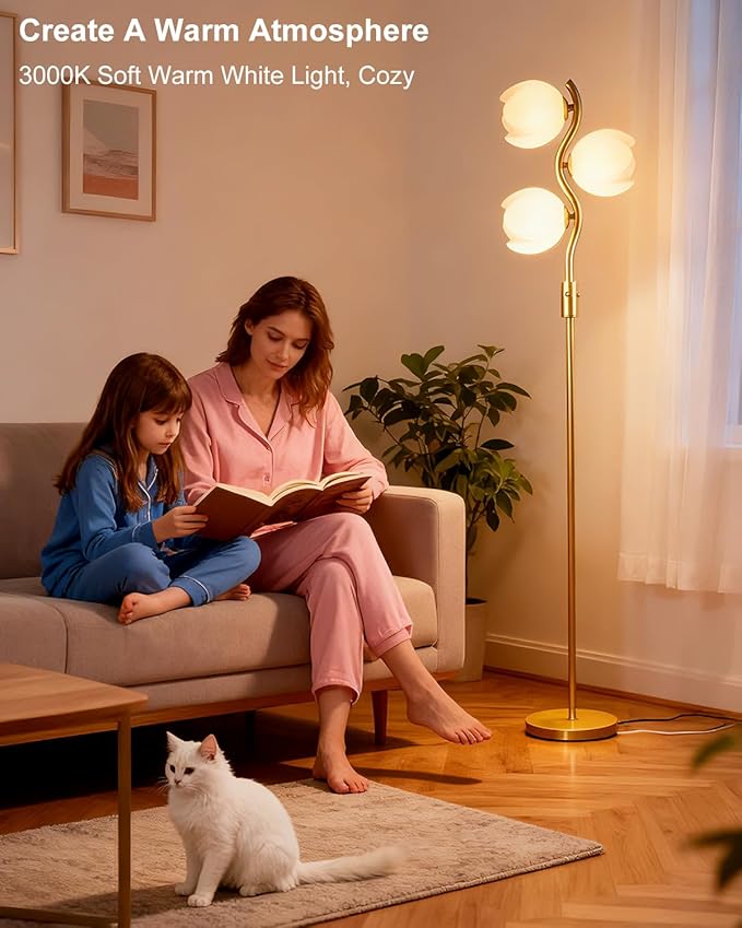 Lightdot 62IN Gold Floor Lamp Stepless Dimmable Bud-Shaped Floor Lamps with 3Pcs 3000K G9 Bulbs Eye-Friendly Mid Century Standing Lamps with Stable Base for Living Room/Bedroom/Corner/Office