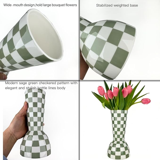 Sage Green Checkered Vase, Aesthetic Modern Ins Cool Flower Vases for Home Decor, Entryway Table, Centerpieces Decoration for Kitchen, Living/Dining Room, Bedroom, Bathroom, Coffee Tables (Ceramic)