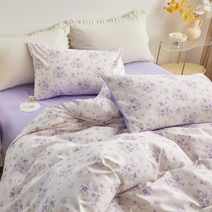 LifeTB Cotton Floral Duvet Cover Queen Vintage Style Purple Floral Bedding Set Chic Garden Flower Duvet Cover Boho Floral Botanical Comforter Cover with 2 Pillowcases Cottagecore Bedding Set Queen