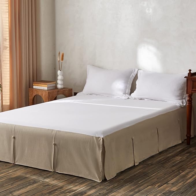 BISELINA French Linen Bed Skirt Split Corner with Button 14-Inch Tailored Drop Natural Flax Cotton Blend Basic Dust Ruffle Soft Cozy (14" Queen,Button Linen)