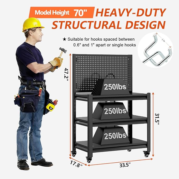 Metal Garage Shelving Unit with Pegboard, Heavy Duty 3000LBS Capacity Adjustable Industrial Storage Shelves, Mobile Steel Storage Rack for Garage, Warehouse, Basement, 47.2" H x 33.5" W x 18" D, Black