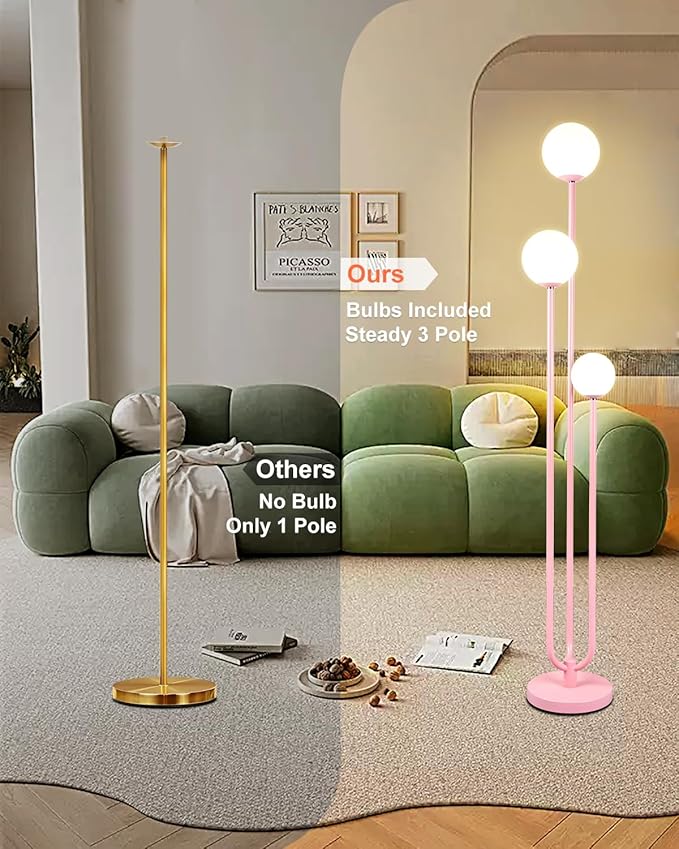 ACOHOOK 63IN 3-Light Dimmable Floor Lamp, Unique Candle Holder Style Pink Tall Standing Lamps with 3000K G9 Bulbs for Reading, Mid Century Modern Floor Lamp for Living Room Bedroom Office