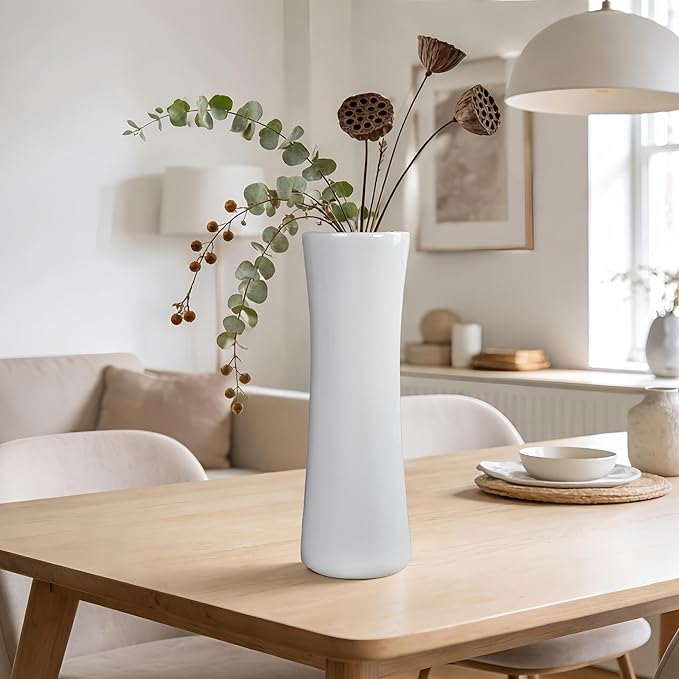 12 Inch White Vase Ceramic Flower Vase, Tall Vases for Pampas Grass, Home Decor, Modern Textured Vases for Living Room Decorations,Table Centerpieces,Shelf,Farmhouse Small Ceramic Vase