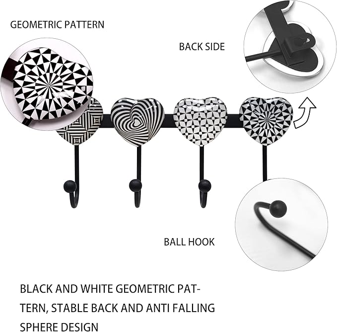 Coat Rack Wall Mounted with 4 Hooks, Heart Geometric Pattern Decorative Wall Hooks for Hanging Hat, Key, Towel, Purse, Bag and Robe, for Entryway, Bathroom, Hall Organizer Hanger Rack - Metal