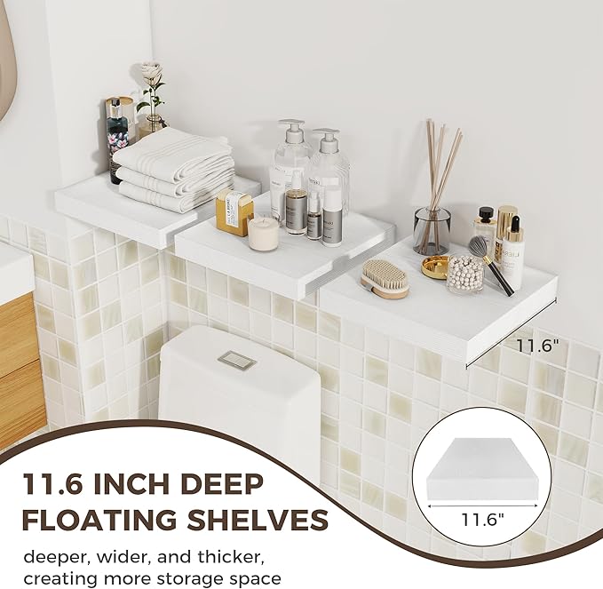 Fun Memories 12 Inch Square Floating Shelves 3 Pack - Wall Shelves with Invisible Brackets, Small Floating Shelves for Wall, White Wood Shelves for Bathroom, Living Room, Bedroom, and Kitchen Decor