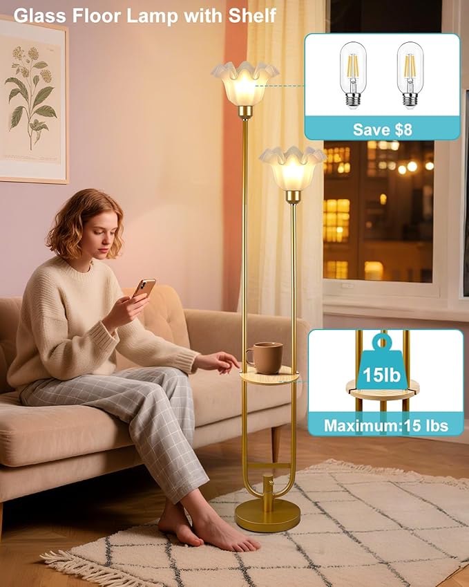 ACOHOOK Dimmable Flower Floor Lamps with Table, 2-Lights Dimmable Floral Floor Lamp, 3000K Warmwhite Candle Holder Style Modern Floor Lamp, Rustic Gold Standing Lamp for Living Room Bedroom
