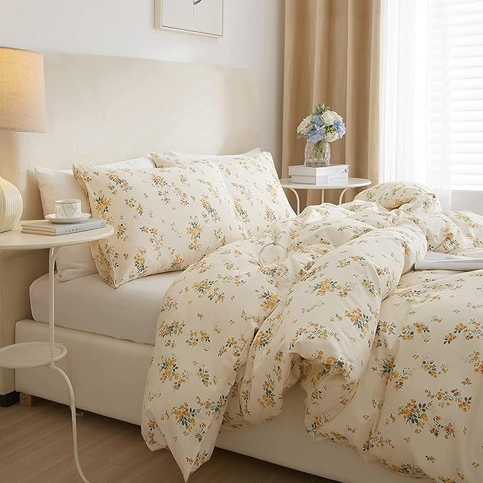 LifeTB Yellow Floral Duvet Cover 3 Piece Cotton Floral Cottagecore Bedding Sets Chic Flower Vintage Style Comforter Cover 1 Duvet Cover with 2 Pillow Shams, Full(80''x90'')