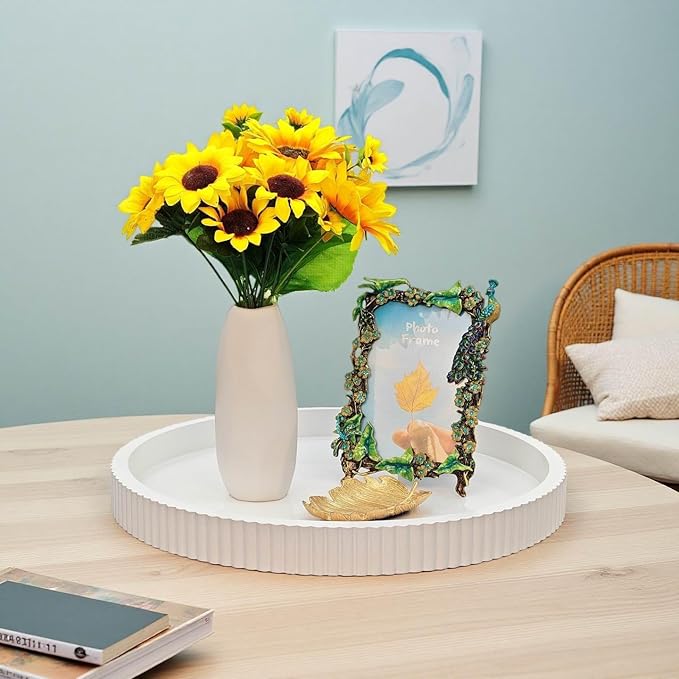 Carah & Cossh Round Wooden Serving Tray, White Round Decorative Wood Tray, Modern Decorative Tray, Perfect for Storage and Display (White B)