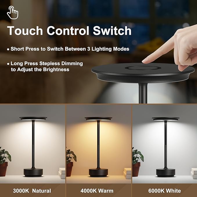 Rechargeable Cordless Table Lamps,Portable 5000mAh Table Light Touch 3 Color Stepless Dimming Battery Powered LED Metal Table Lamp for Restaurant/Home/Outdoor/Camping.(Black)
