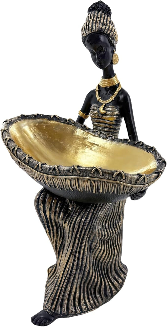 African Woman Statue with Large Decorative Bowl – Resin Figurine, Black and Gold Cultural Sculpture, African Home Decor Centerpiece, Jewelry Trinket Candy Dish