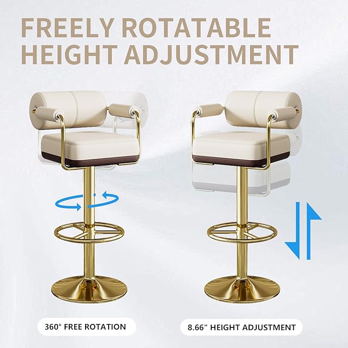 Extra Tall Bar Stools Swivel Counter Height Chair for Kitchen Island Modern Black Leather Adjustable Barstool with Arms,White