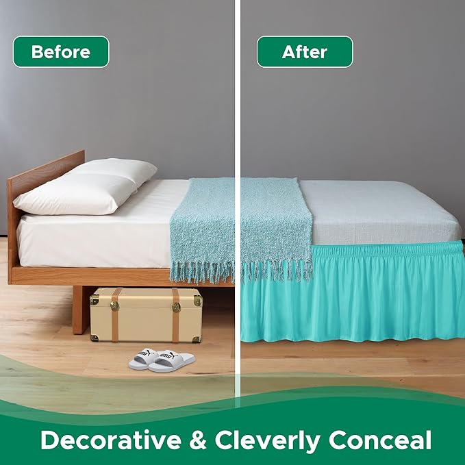 Biscaynebay Wrap Around Bed Skirts for King & Cal King Beds 17" Long Drop, Aqua Adjustable Elastic Dust Ruffles Easy Fit Wrinkle Resistant Silky Luxurious Fabric Machine Washable