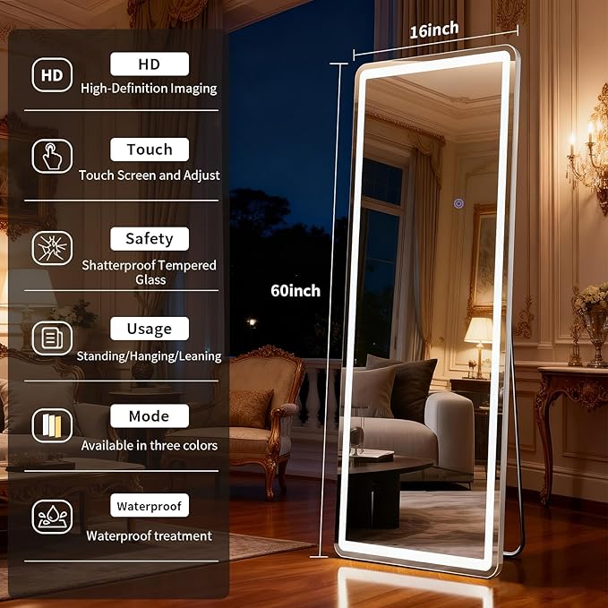 Led Mirror Full Length 16 x 60 Inch Tempered Glass Full Body Mirrors with Dimming & 3 Color Lighting Standing Leaning or Hanging Full Length led Mirrors for Bedroom Dressing Room Rect