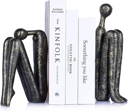 orenm Modern Decorative Bookends for Heavy Books, Thinker Statue Book Holders for Shelves & Office Desk, Abstract Aesthetic Book Ends Stoppers, Bookshelf Decoration (Bronze)