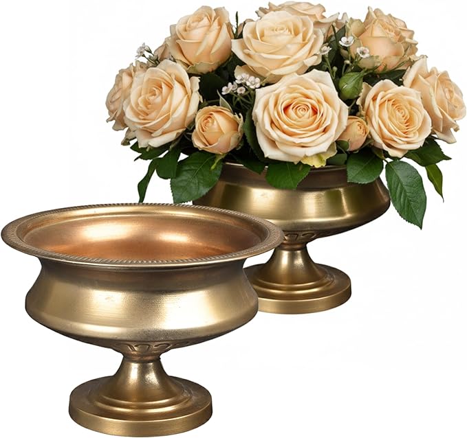 WORTH Gold Color Urn Vase Set of 2 for Centerpieces, 8" H. x 11.8" Dia. Classic Metal Trumpet Small Flower Pot for Table, Bowl Vase for Wedding Party Event Home Decor