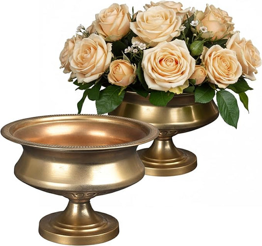 WORTH Gold Color Urn Vase Set of 2 for Centerpieces, 8" H. x 11.8" Dia. Classic Metal Trumpet Small Flower Pot for Table, Bowl Vase for Wedding Party Event Home Decor
