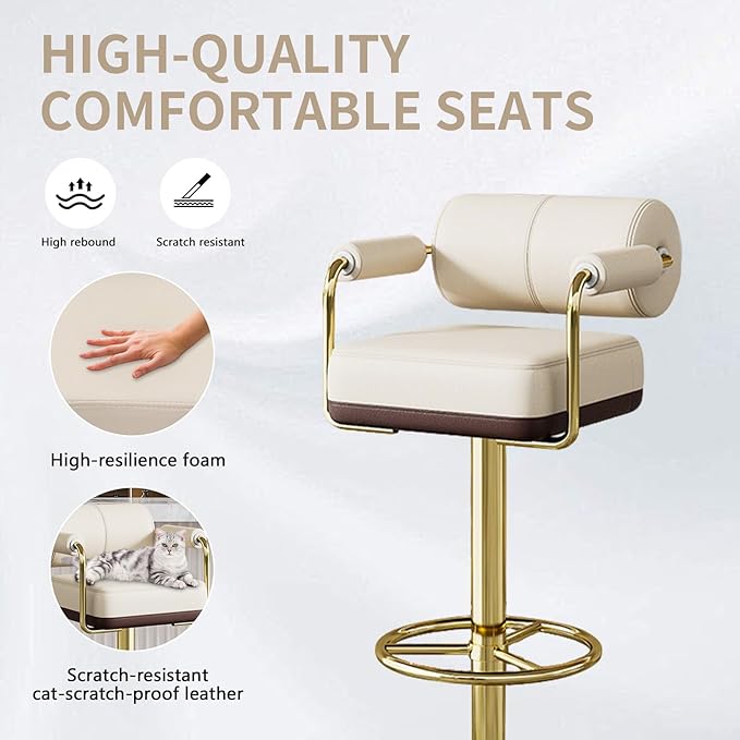 Extra Tall Bar Stools Swivel Counter Height Chair for Kitchen Island Modern Black Leather Adjustable Barstool with Arms,White