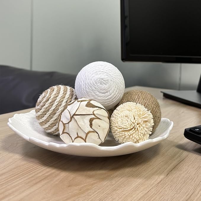 6 Pcs Decorative Balls for Centerpiece Bowls,2.36 Inch Natural Handmade Cotton Linen Orbs Balls,Wood Decorative Ball,Vase Fillers, Home Table Decor