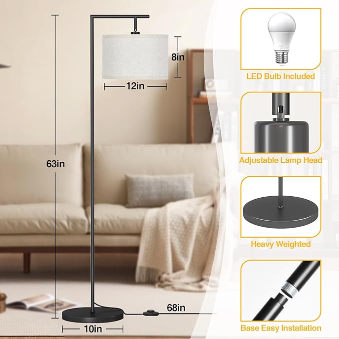 CNXIN Floor Lamp for Living Room with 3 Color Temperatures Standing Lamp with Adjustable Beige Linen Lampshade Tall Lamps for Bedroom Office Classroom Dorm Room, 9W LED Bulb Included, Black