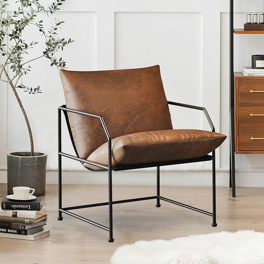 YEEFY Accent Chair Living Room Chairs Comfy Reading Chair for Bedroom Upholstered Lounge Chair Mid Century Modern Armchair Accent Chairs for Living Room Faux Leather Sofa (Brown, 1)