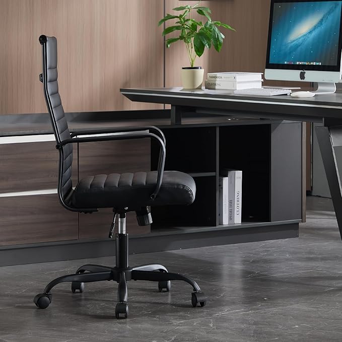 Haranuo Conference Room Chairs, Ergonomic Executive Office Chair, Ribbed Leather Desk Chair with Lumbar Support, Adjustable Height Mid-Back Swivel Chair with Padded Seat