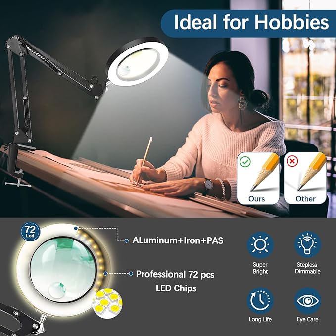 15X &10X magnifying glass with light and stand, 4.3" Real Glass lighted magnifying glass with Clamp, Adjustable Arm Magnifying Lamp, 3 Color Modes Stepless Dimmable Desk Lamp Hands Free for Close Work
