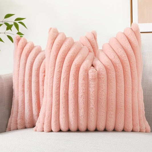 decorUhome Faux Fur Spring Throw Pillow Covers 18x18 Set of 2 Decorative Soft Plush Striped Neutral Couch Pillow Covers with Velvet Back for Sofa Bed Living Room Home Valentines, Blush Pink