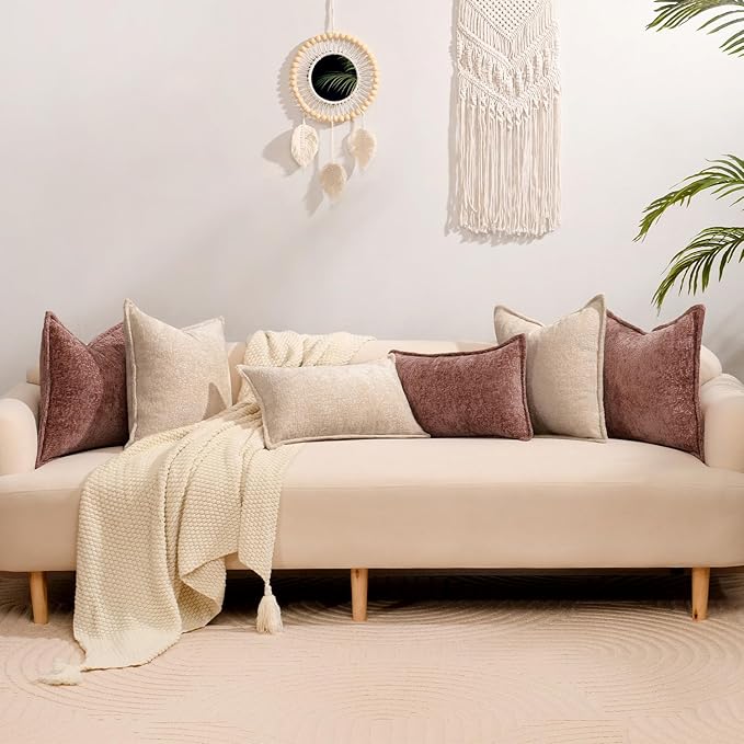 DEZENE Pack of 2 Beige Decorative Throw Pillow Covers 12x20 Cozy Soft Chenille Boho Accent Vintage Farmhouse Rectangular Lumbar Couch Pillow Covers for Home Decor Bed Sofa Living Room