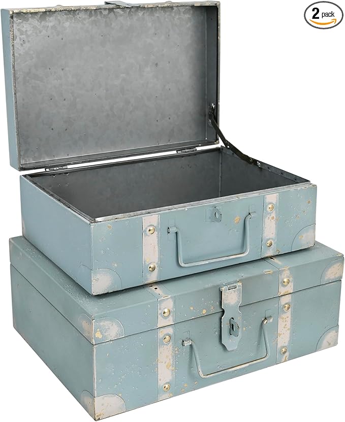 Vintage Metal Storage Trunks - Set of 2, Antique Decorative Storage Chests with Lids, Decorative Suitcase Boxes, Vintage Suitcases for Keepsakes and Home Decor, Blue