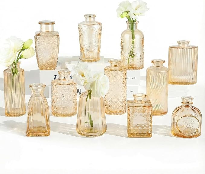 RUCKAE 12 Pack Glass Bud Vases Mini Flower Vase Small Vintage Vases for Centerpiece Table Wedding Decorations Home Decor Party (Gold)