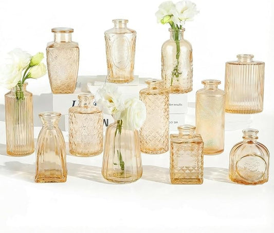 RUCKAE 12 Pack Glass Bud Vases Mini Flower Vase Small Vintage Vases for Centerpiece Table Wedding Decorations Home Decor Party (Gold)