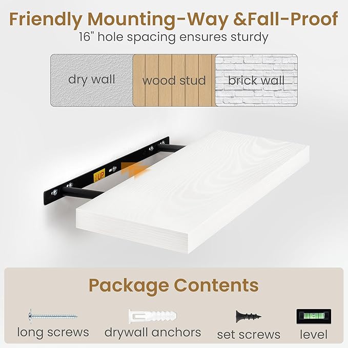 Fun Memories 48 Inch Floating Shelves in White, 9.3 Inch Deep Floating Shelf for Bathroom Living Room Kitchen, Rusitc Wall Mounted Bathroom Shelves 2 Pack, Heavy-Duty Deep Shelf for Books Decor