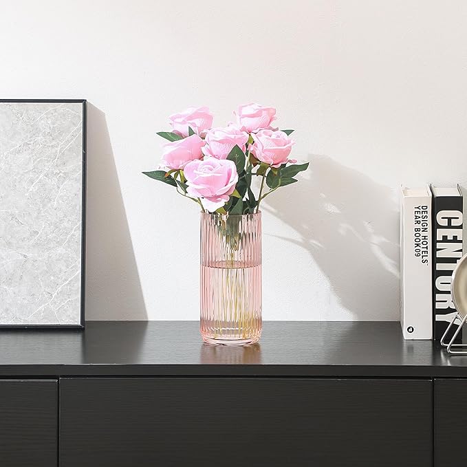 Ribbed Glass Vase, Flower Vases for Bouquet, Pink Glass Vases for Flowers, Modern Ribbed Vase for Living Room, Bathroom, Dining Table, Office, Wedding, Centerpieces, 8 Inches