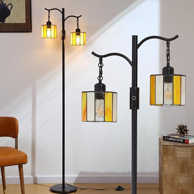 Asmymhd Vintage Dimmable Floor Lamp, Tiffany Standing Lamp with 2 Stained Glass Shades, Rustic Farmhouse Floor Lamp with Black Finish for Living Room Bedroom