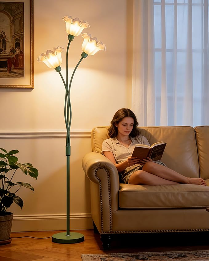 ACOHOOK Flower Floor Lamp for Living Room, Modern Tree Floor Lamp with Adjustable Heads, 3 Light 3000K Soft Warmwhite Mid Century Standing Tall Lamp for Bedroom Kids Room-Green