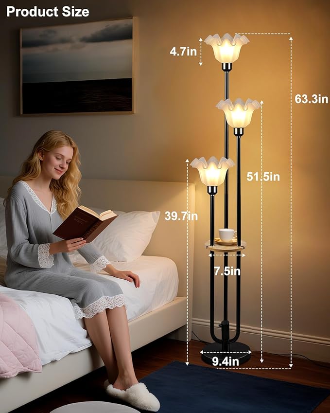 ACOHOOK Flower Floor Lamp for Living Room, Dimmable Vintage Floor Lamp with Shelf &3 LED Bulbs, 3 Light 3000K Soft Warmwhite Mid Century Black Standing Lamp, Floral Tall Lamp for Bedroom Office
