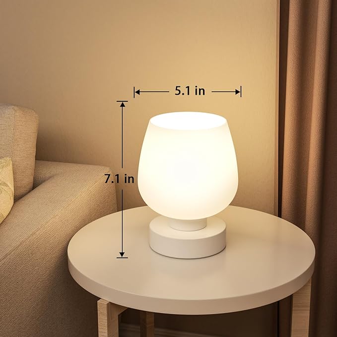 Seealle Touch Table Lamp for Nightstand - Small Bedside Lamp for Bedroom Living Room Night Stands, Desk Lamp with White Glass Shade for Small Spaces, 3 Way Dimmable, LED Bulbs, Gifts