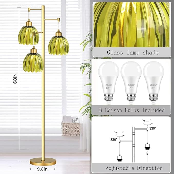 WLQCWL Vintage Floor Lamps for Living Room-3 Light Gold Floor Lamp with Three Bulbs & Glass Lampshape,Glass Mid Century Modern Standing Lamp Tree Tall Flower Floor Lamp for Bedroom Living Room,Corner