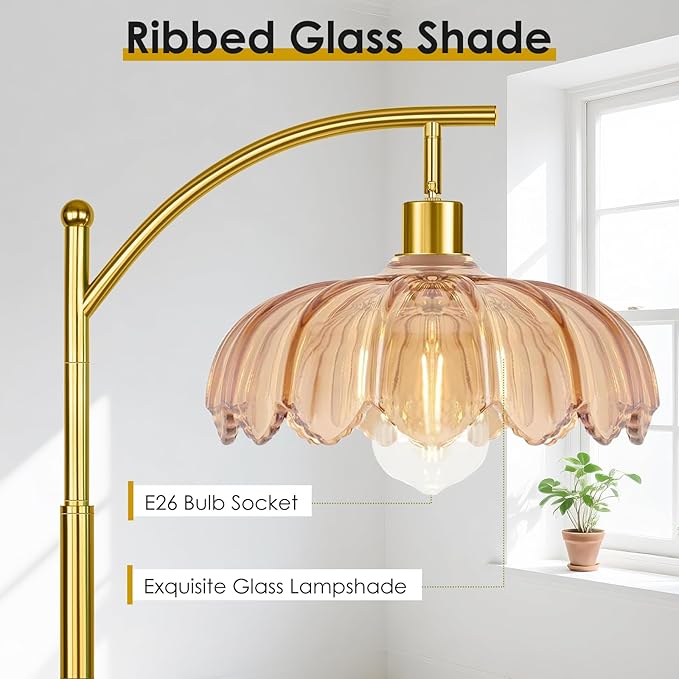 gernehop Gold Floor Lamp for Living Room with Remote,Unique Vintage Standing Tall Lamp,Mid Century Modern Floor Lamps Arc Glass Floor Lamps for Office Corner