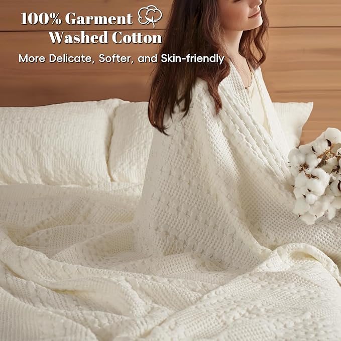 PHF 100% Cotton Waffle Weave Blanket Twin Size for Bed, Soft Lightweight & Breathable, All-Season Comfort, 300 GSM Luxury Aesthetic Blanket for Home Decor, 66"x90", Ivory