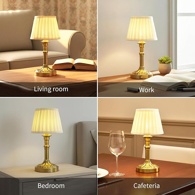 Portables Cordless Table Lamp Set of 2, Fabric Shade Des Lamps,5200mAh Battery Operated,3 Color Stepless Dimming Up,for Restaurant, Bedroom, Camping, Bar, Coffee Shop, (Bronze)