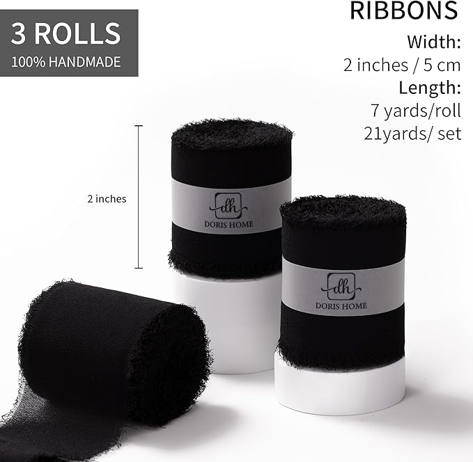 DORIS HOME Black Chiffon Ribbon for Flower Bouquet, 2" x21Yd Fabric Ribbon for Gift Wrapping, Handmade Frayed Ribbon for Wedding/Christmas Decorations